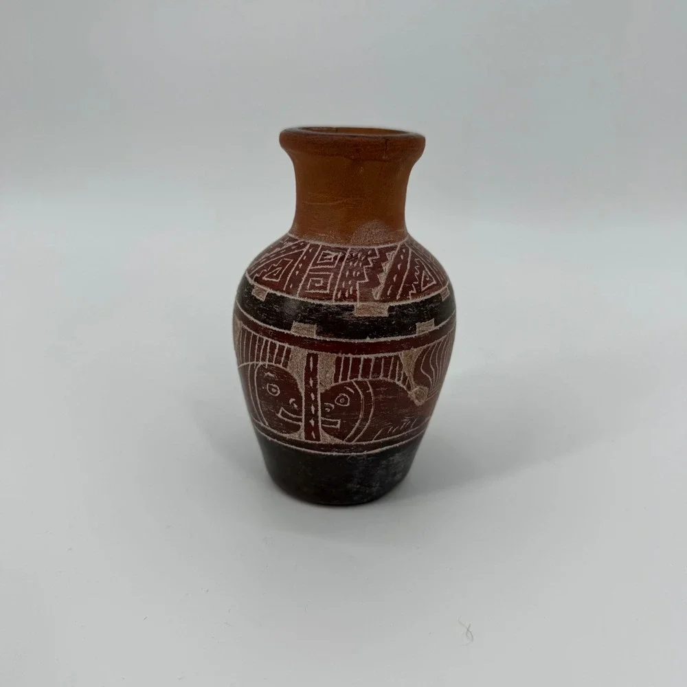 Vintage Handcrafted Terracotta Sgraffito Pottery Vase Folk Art Etched Faces 4.5